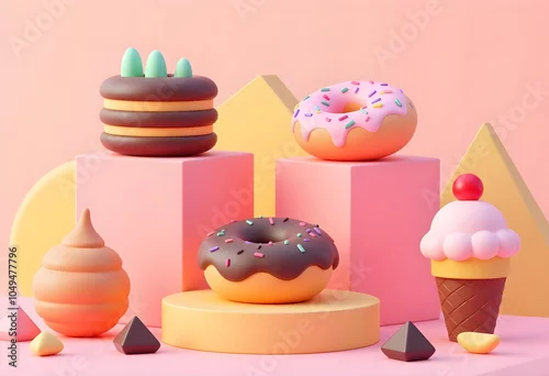 Obraz  z motywem Delight in this colorful 3D render featuring variety of playful desserts, including donuts, ice cream, and cakes, set against soft pastel background