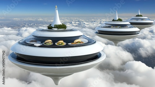 Explore futuristic floating restaurants offering culinary delights in the clouds above urban landscapes photo