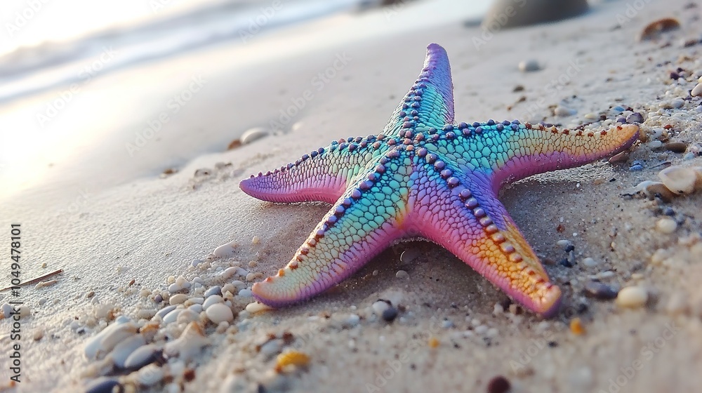 A vibrant, colorful starfish resting gracefully on a sandy beach, showcasing its unique patterns and textures against the soft, natural sand. This serene beach scene captures the beauty of marine life A vibrant, colorful starfish resting gracefully on a sandy beach, showcasing its unique patterns and textures against the soft, natural sand. This serene beach scene captures the beauty of marine life