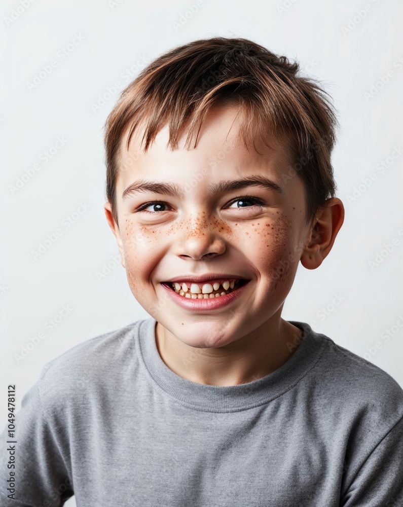 a boy with freckles and a mischievous grin on plain white background a boy with freckles and a mischievous grin on plain white background