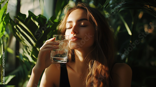 Serene woman enjoying a refreshing drink in a lush setting photo