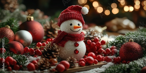 a snowman with a red scarf and a red hat