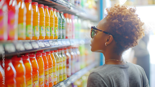 Young woman exploring vibrant beverage selection in store