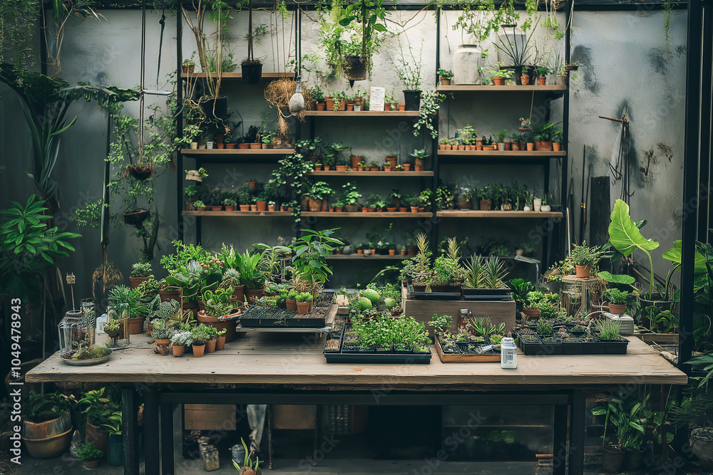 Terrarium Building Table in a Plant Nursery: A Lush Background for Crafting Miniature Worlds