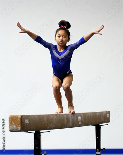  a girl gymnast performing on a balance beam on plain white background