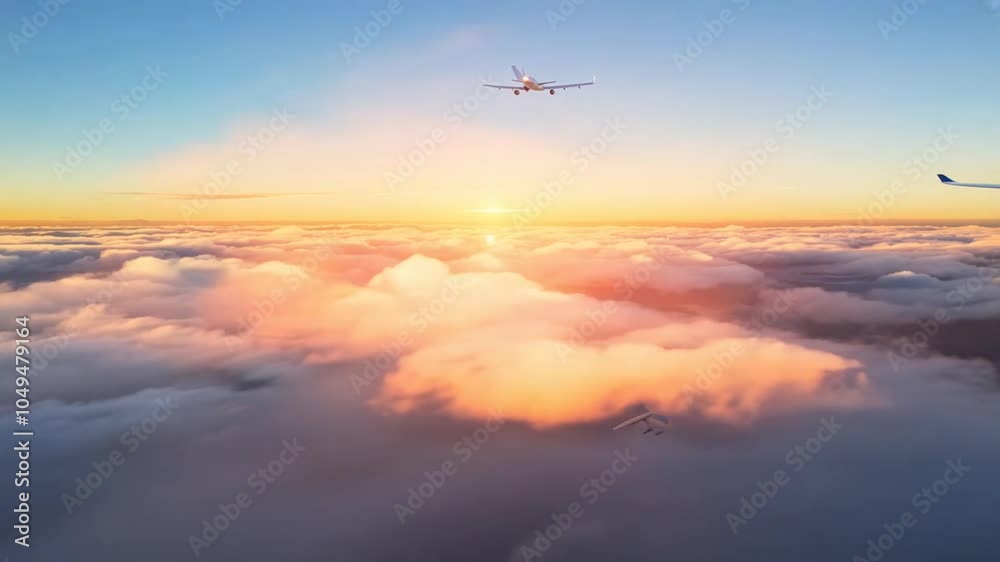 animation 4k time-lapse cloudscape video Airplane flying sunrise looping Seamless background