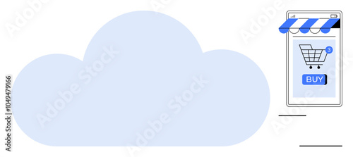 Large light blue cloud shape beside a smartphone with a shopping cart and buy button. Ideal for online shopping, cloud computing, mobile commerce, digital marketing, and convenience in purchasing