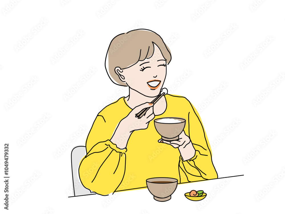 A Japanese woman eating a delicious meal. Healthy ingredients. A Japanese woman eating a delicious meal. Healthy ingredients.