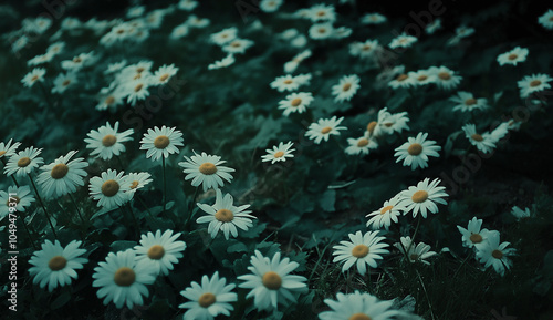 fotografia em estilo de filme de margaridas brancas alinhadas no chão verde photo