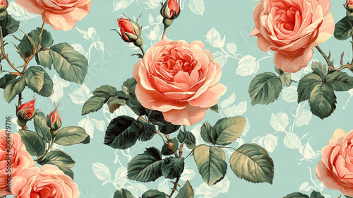Elegant vintage floral pattern with blooming roses and lush green leaves on soft teal background, creating timeless and romantic atmosphere