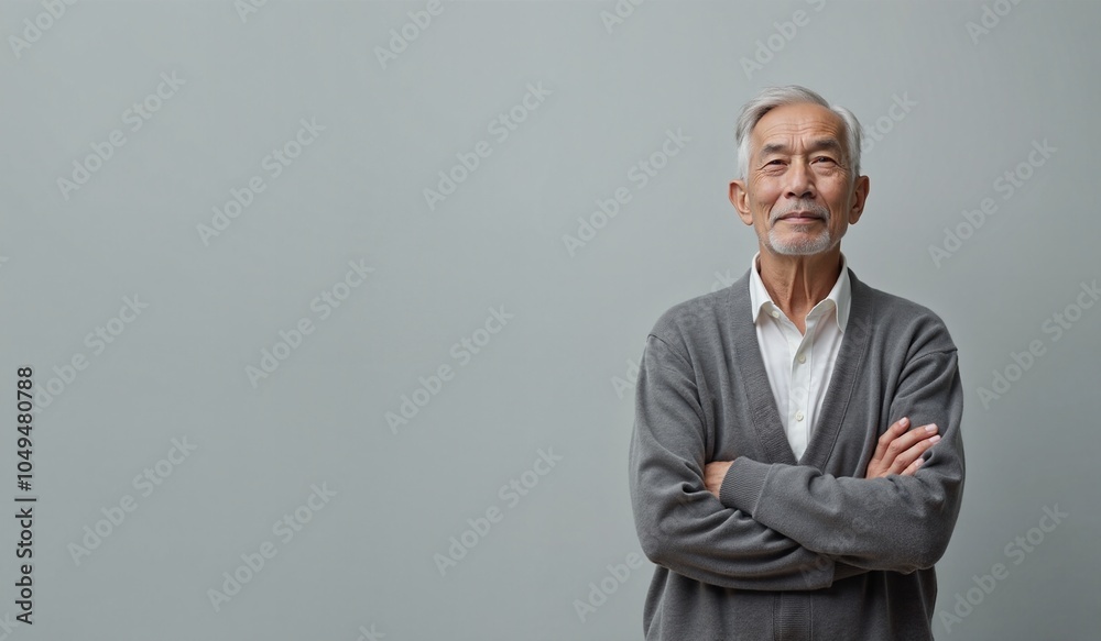 Senior Asian man with confident expression standing against plain background with copy space Senior Asian man with confident expression standing against plain background with copy space