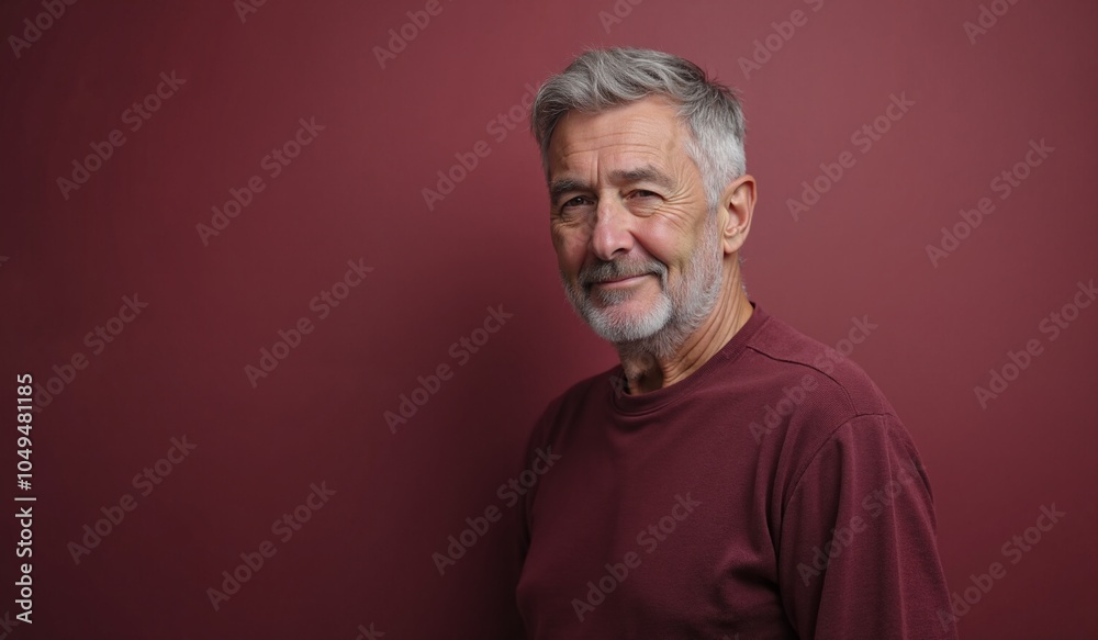 Mature man with confident smile posing against burgundy background with copy space Mature man with confident smile posing against burgundy background with copy space