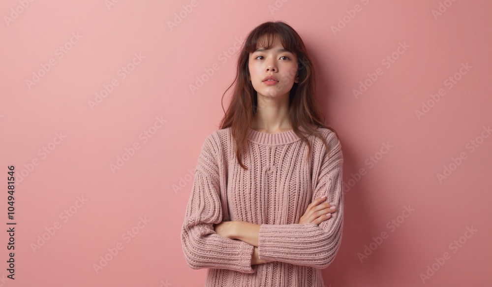 Young Asian Woman with Confident Expression in Pink Knit Sweater Against Pink Background with Copy Space Young Asian Woman with Confident Expression in Pink Knit Sweater Against Pink Background with Copy Space