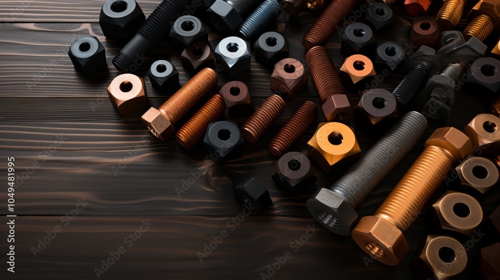 Variety of nuts and bolts arranged on a dark wooden surface showcasing different sizes and colors Variety of nuts and bolts arranged on a dark wooden surface showcasing different sizes and colors
