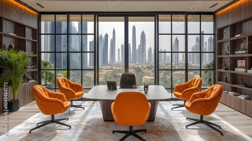 Loft office interior featuring modern coworking area with glass doors and panoramic views of skyscrapers for a vibrant work atmosphere