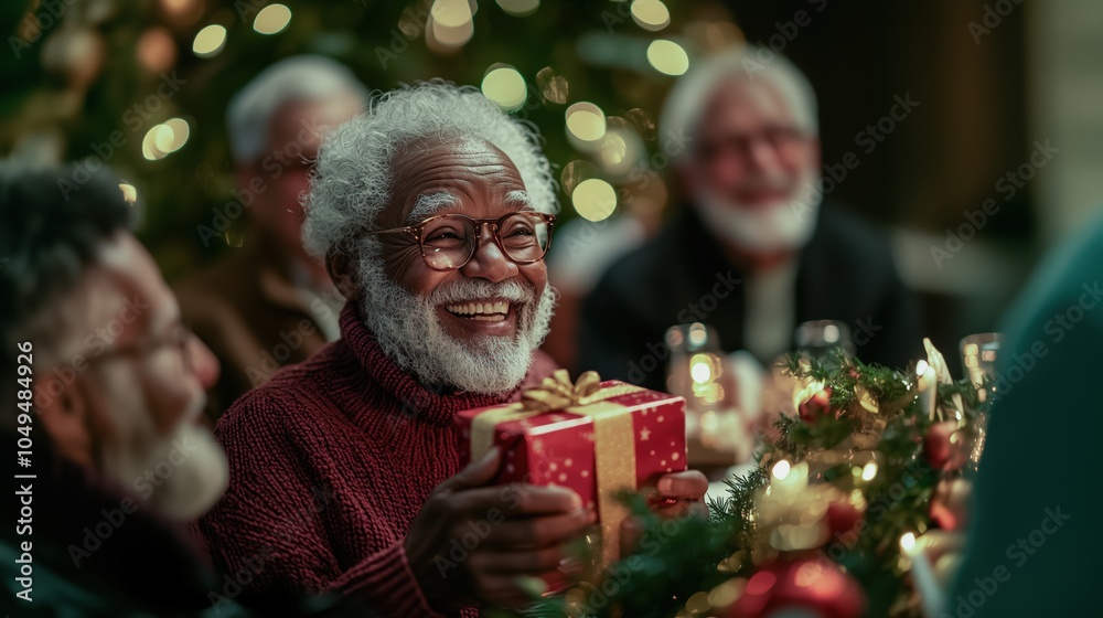 Elderly man smiling while holding a gift at holiday dinner promoting joy and celebration Elderly man smiling while holding a gift at holiday dinner promoting joy and celebration