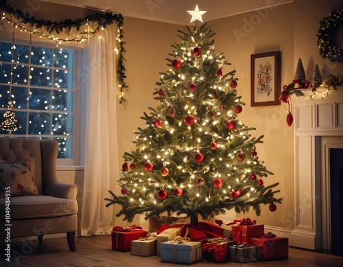 Cozy Christmas Living Room with Decorated Tree and Fireplace