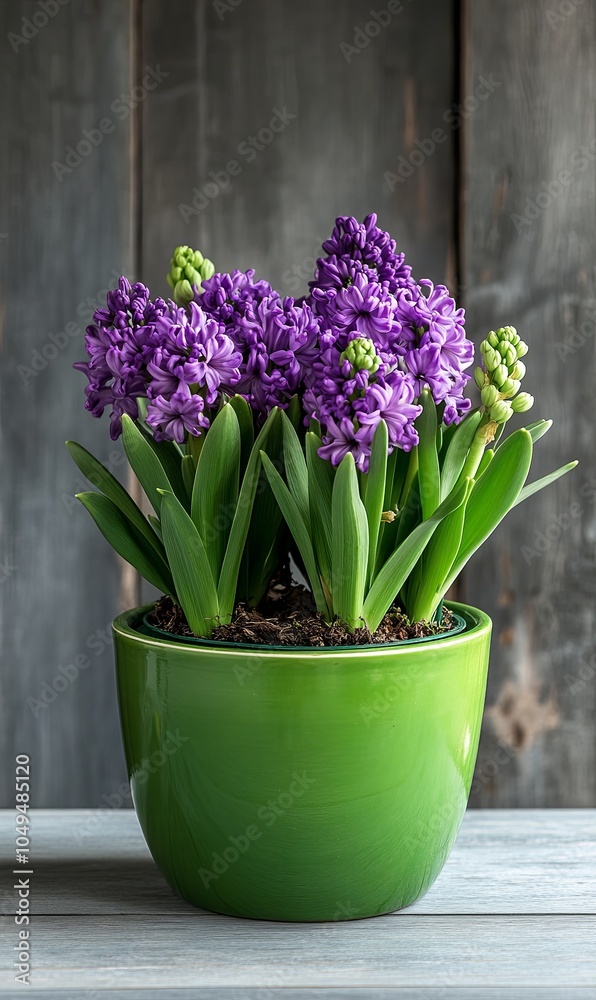 A vibrant purple hyacinth plant in a green pot on a white wood surface, against a dark wood background. A vibrant purple hyacinth plant in a green pot on a white wood surface, against a dark wood background.