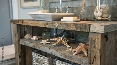 A farmhousestyle vanity made from reclaimed wood with a charming undersea garden built into the lower shelf showcasing delicate starfish and tiny crabs. photo