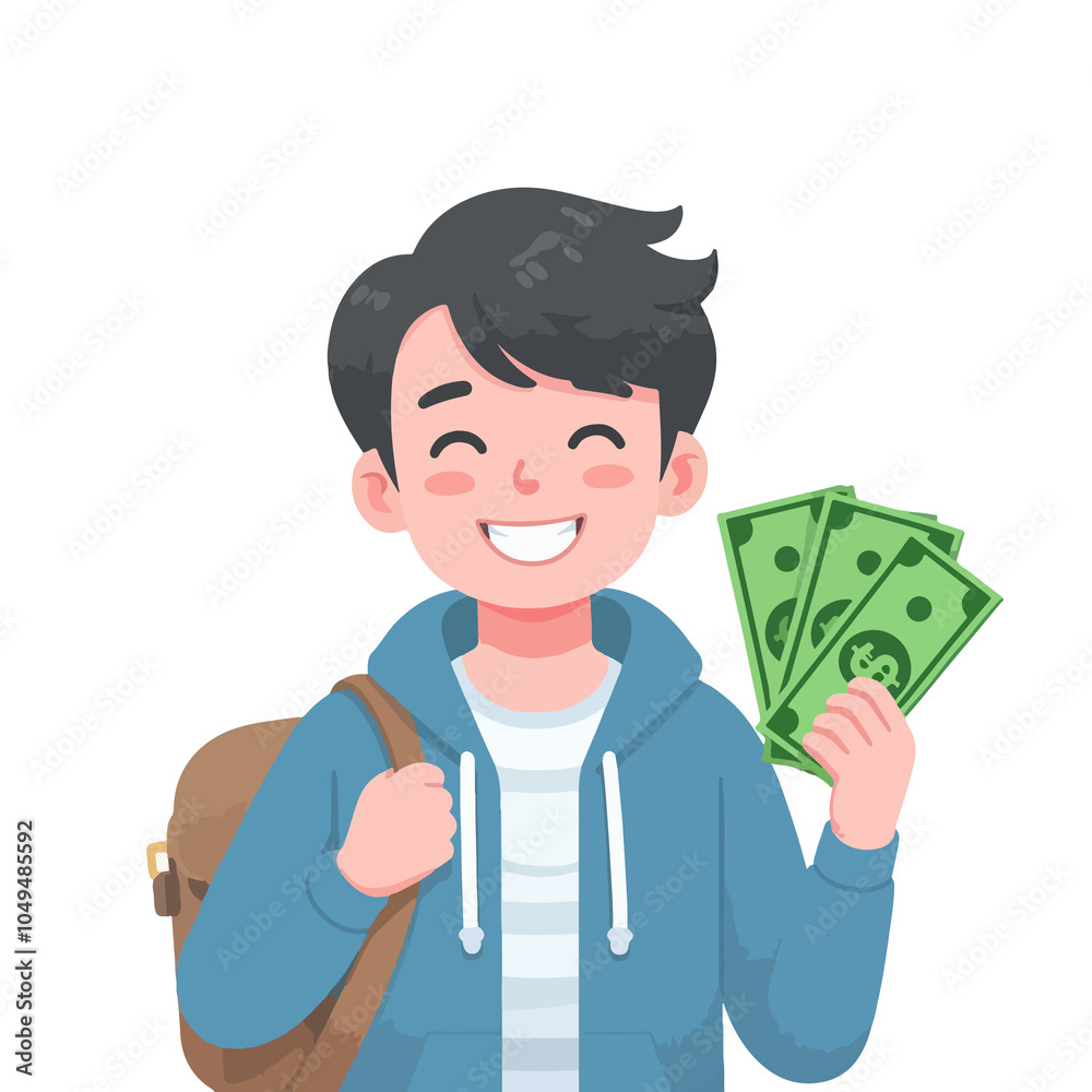 Happy young man holding money in flat illustration Happy young man holding money in flat illustration