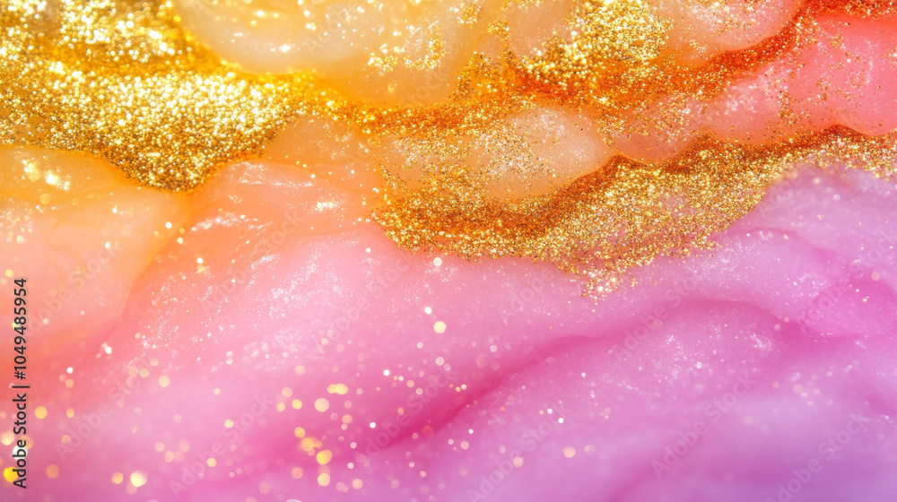 Fototapeta premium Vibrant pink and orange abstract texture with shimmering gold glitter creates dreamy, ethereal effect. colors blend seamlessly, evoking sense of warmth and creativity
