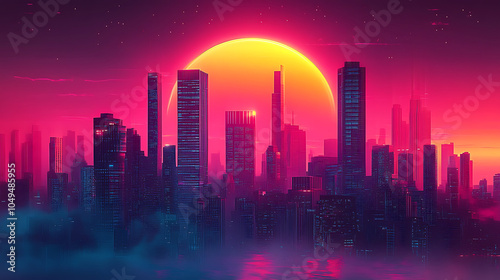 vibrant cityscape with futuristic skyline is illuminated by glowing sunset, casting pink and orange hue over tall buildings. scene evokes sense of wonder and modernity