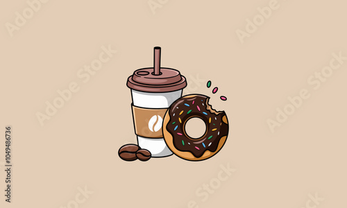 Coffee cup and donut with colorful sprinkles.