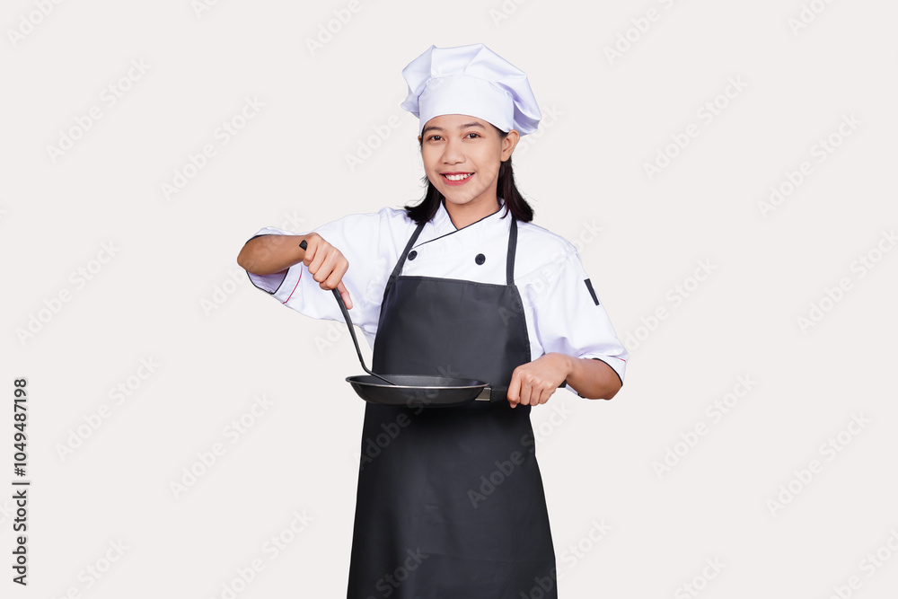 Asian woman chef in uniform cooking isolated transparent Asian woman chef in uniform cooking isolated transparent