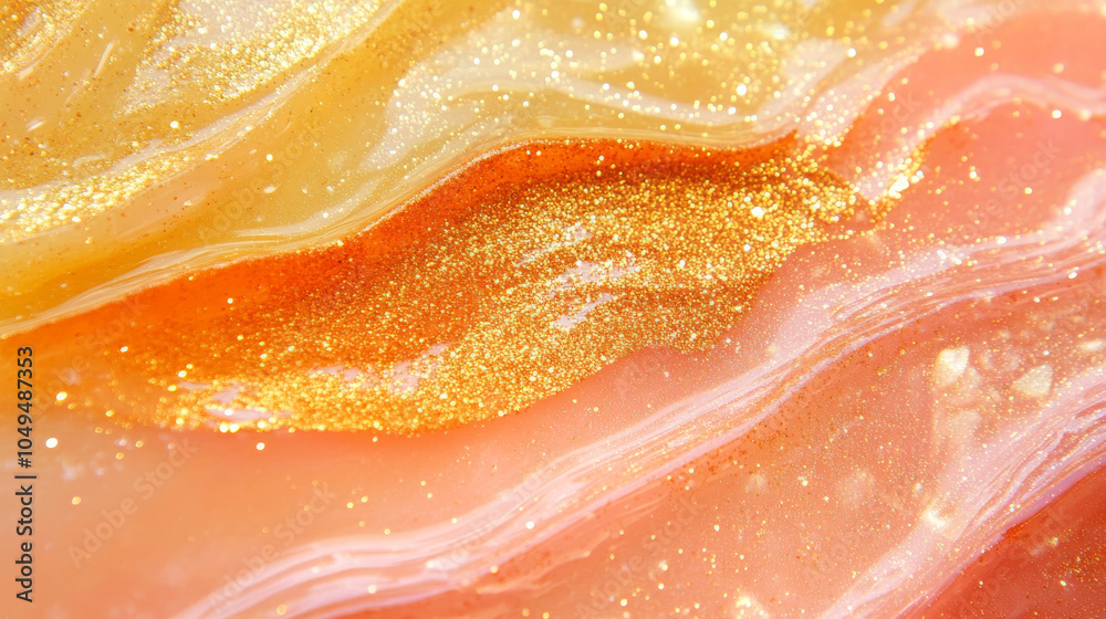 vibrant abstract image featuring flowing layers of pink, orange, and gold with shimmering glitter. texture resembles waves or marble, creating sense of movement and elegance vibrant abstract image featuring flowing layers of pink, orange, and gold with shimmering glitter. texture resembles waves or marble, creating sense of movement and elegance