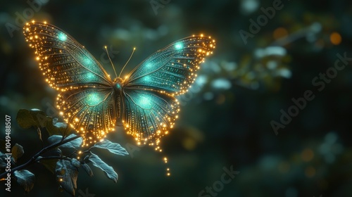 Glowing butterfly amidst a magical forest background with sparkling lights