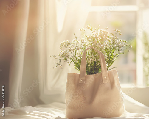 stylish eco friendly bag filled with fresh flowers, beautifully illuminated by soft sunlight, creates serene and inviting atmosphere. This charming arrangement adds touch of nature to any space