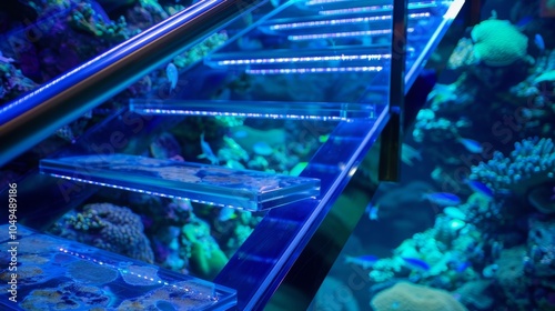 The vibrant blue and green hues of the underwater landscape can be admired from every angle while using this oneofakind aquarium staircase railing.
