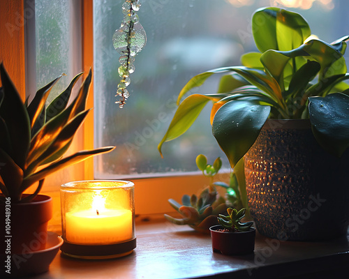 serene moment captured with glowing candle beside lush green plants, creating calming atmosphere. soft light enhances beauty of indoor garden