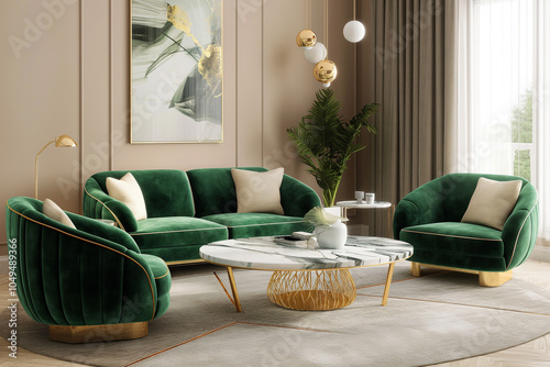 Living room featuring warm beige walls, vibrant green velvet sofa set with gold accents, and a cozy arrangement around a marble coffee table.