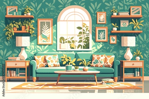 Living Room Illustration with Green Walls, Sofa, and Plants