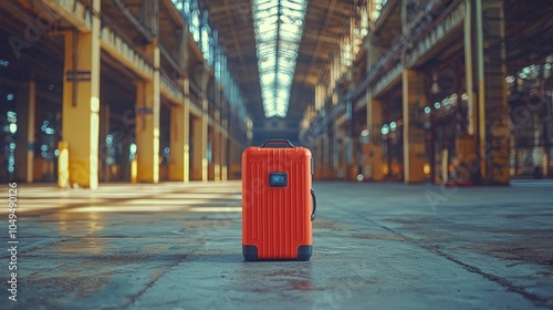 Vibrant orange suitcase in a spacious industrial setting photo