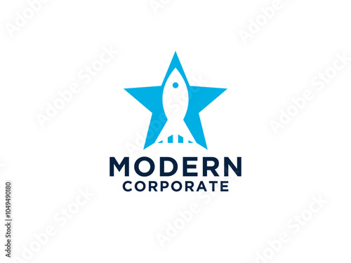 Rocket Star Logo. Rounded Shape Five Star with Negative Space Rocket inside isolated on White Background. Usable for Business and Technology Logos.