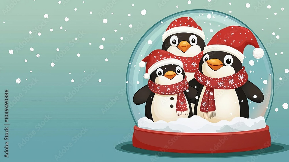 Naklejka premium Christmas in snow globe Penguin family in snow globe, holiday scarves and hats, flat design illustration