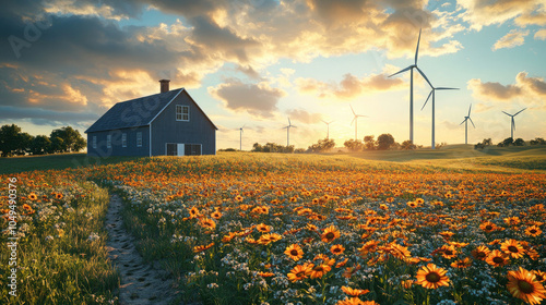 Houses on the grassland and wind turbines in the distance