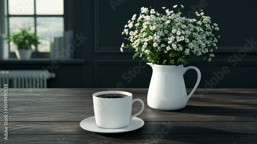 Morning Coffee and White Flowers: A serene image of a cup of coffee and a bouquet of white flowers in a white pitcher on a dark wooden table, bathed in soft, natural light.