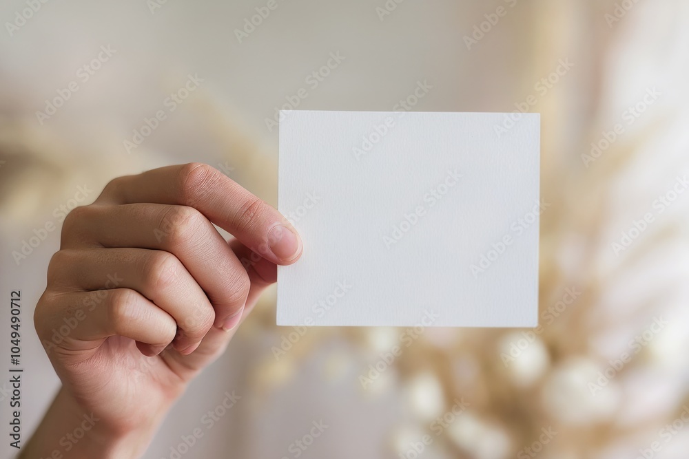 Person's hand holding a blank white card against a blurred background, ideal for text and design mockups. Versatile template concept Person's hand holding a blank white card against a blurred background, ideal for text and design mockups. Versatile template concept