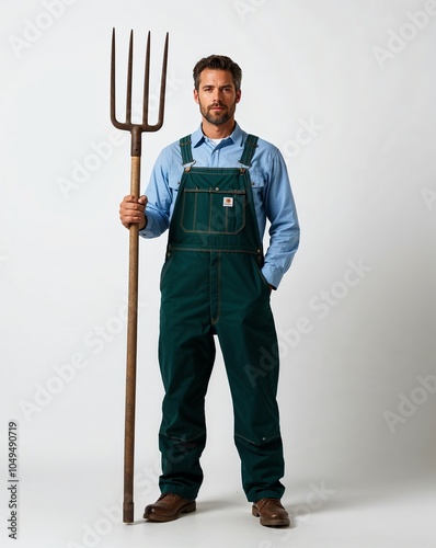  a man farmer holding a pitchfork and wearing overalls on plain white background photo