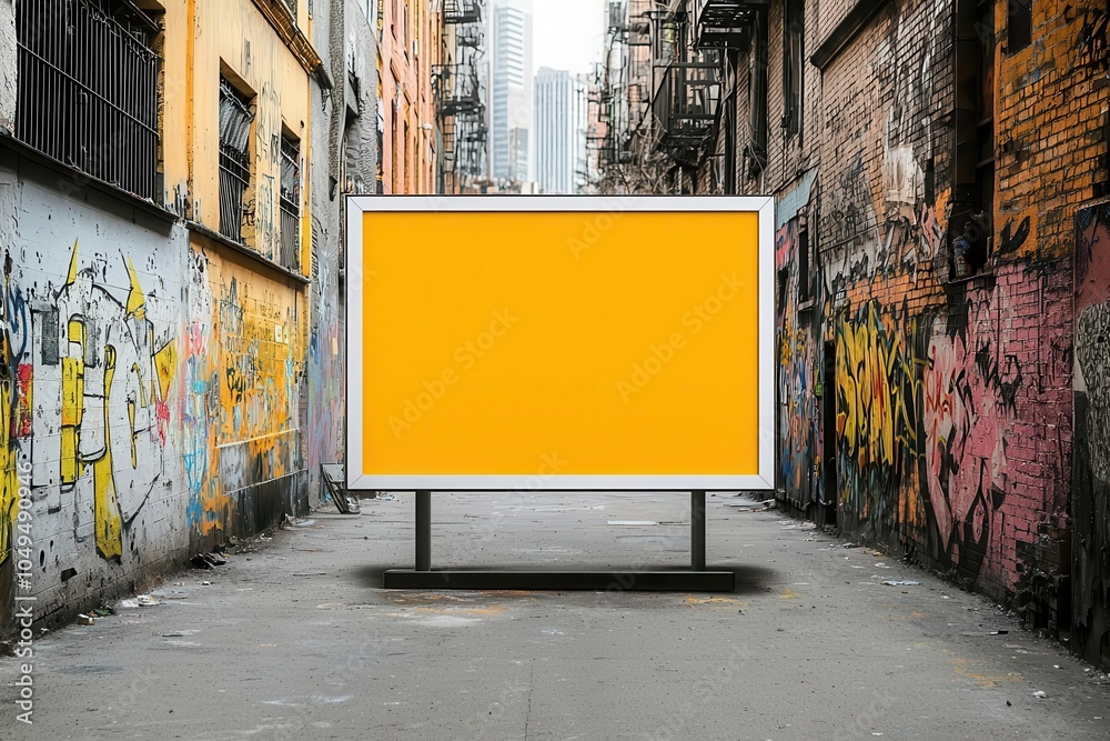 Naklejka premium Urban alley with a large yellow billboard against a backdrop of graffiti.