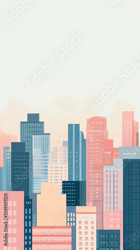 Urban minimalism pastel cityscape with blend of modern buildings and soft colors, creating serene atmosphere. skyline features mix of geometric shapes and hues