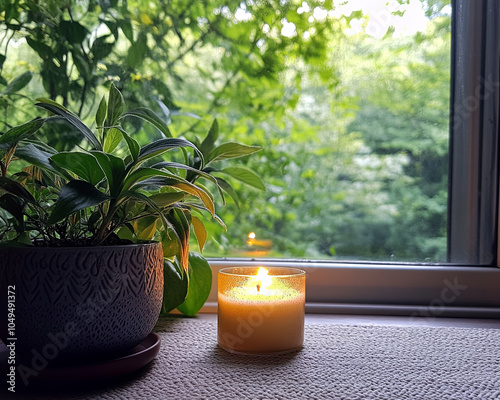 serene moment captured with glowing candle beside lush green plant, creating peaceful atmosphere by window. soft light enhances natural beauty outside