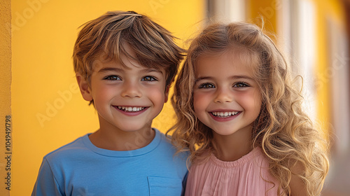 Two smiling children, a boy in blue and a girl in pink, beam joyfully while standing against a bright yellow wall, radiating happiness