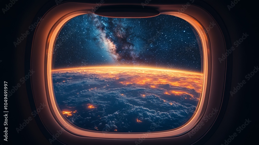 Fototapeta premium Airplane flying at night. View of outer space and earth seen from the airplane window