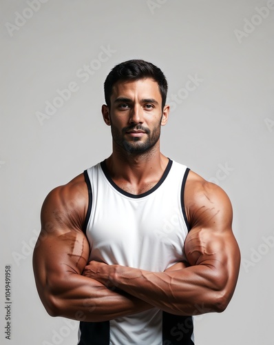  a muscular man with a sports jersey on plain white background