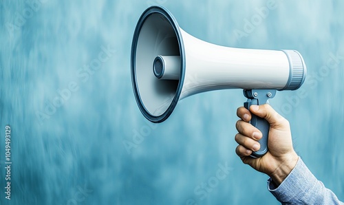 A hand holds a white megaphone against a blue background.