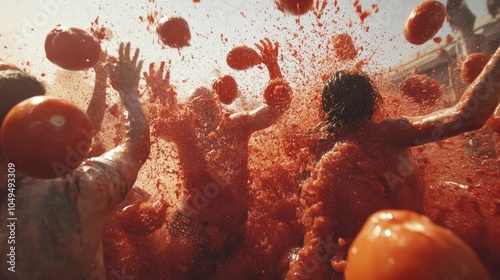 A group of people are covered in red paint, with one person's head visible photo